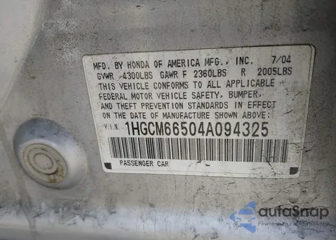 2004 Honda Accord 3.0 Ex z USA, uszkodzony, nr VIN 1HGCM66504A094325